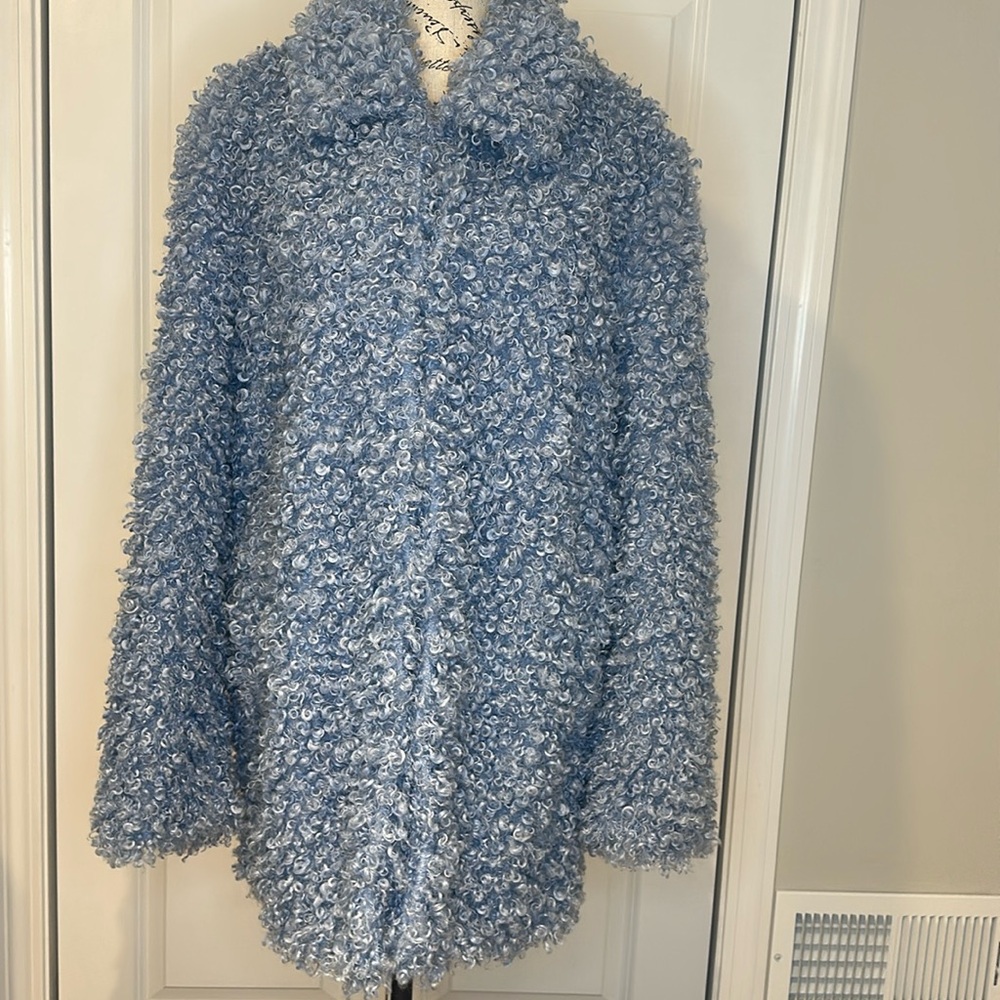 Boston Proper Size L Blue Teddy Faux Fur Coat P2P 22” Length 30”
